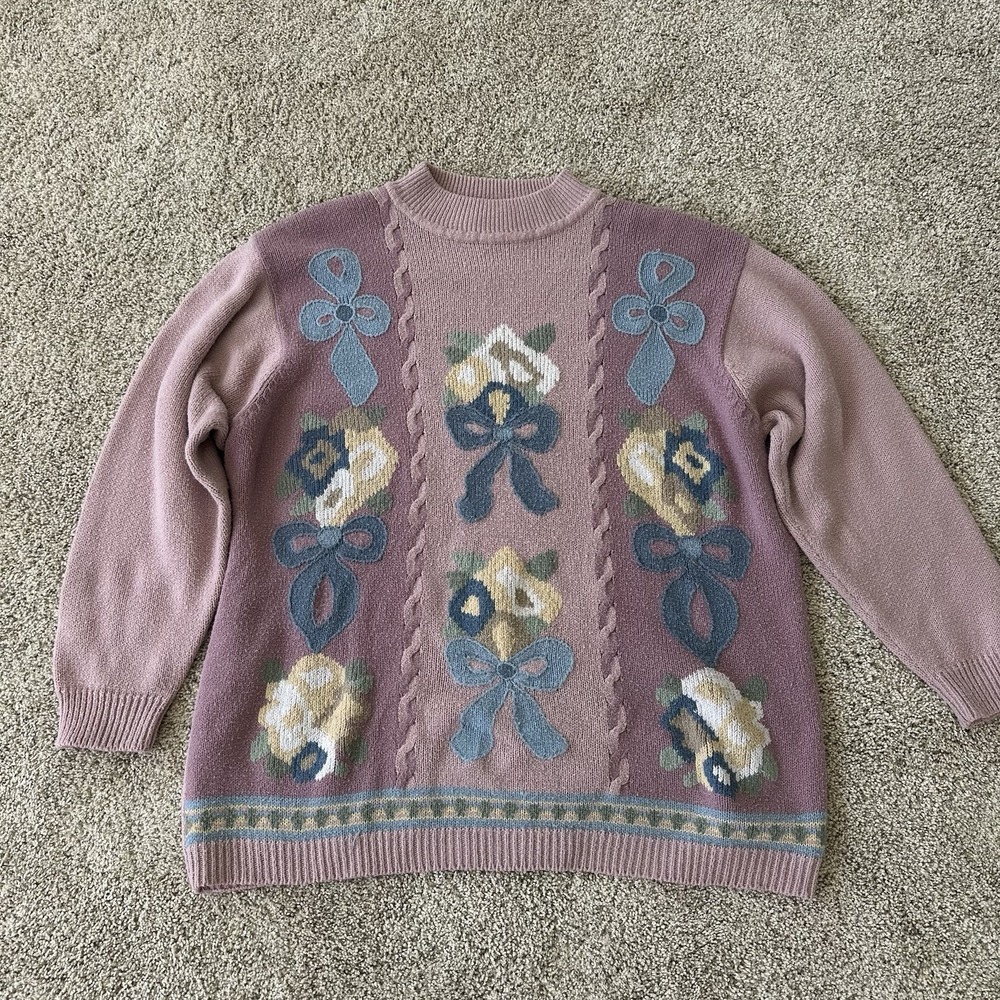 Vintage Alfred Dunner Knit Sweater Sz 2X Mock Neck Floral Bows Pink Mauve Plus